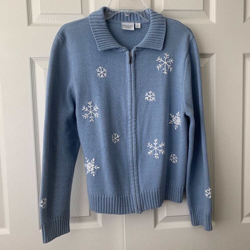 Snowflake Zipper Sweater - Sky Blue with White Snowflakes